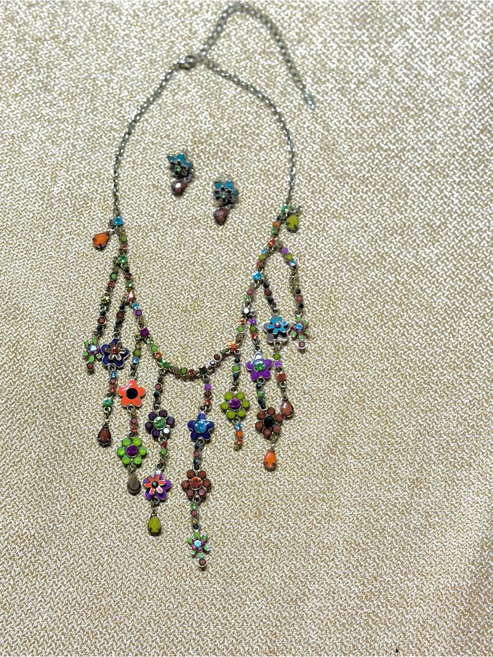 Vintage Volm Enameled Painted Flowers  Rhinestone Necklace Earring Set